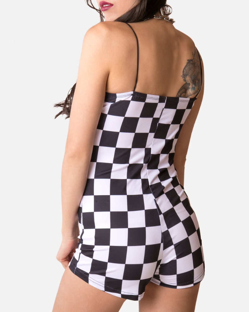 Buckle Belt Checkered Shorts Bodysuit