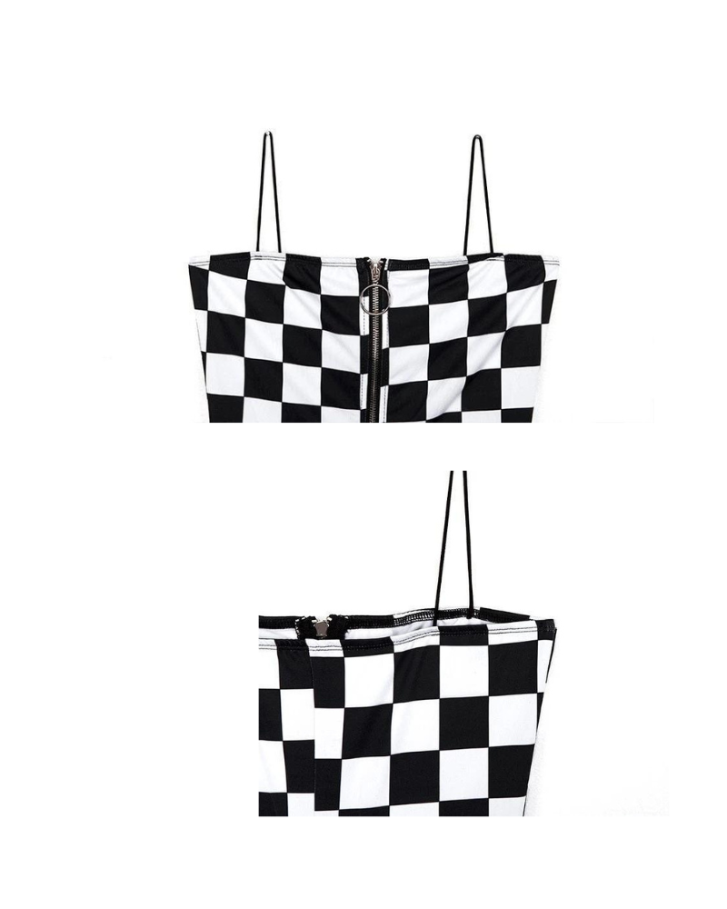 Buckle Belt Checkered Shorts Bodysuit