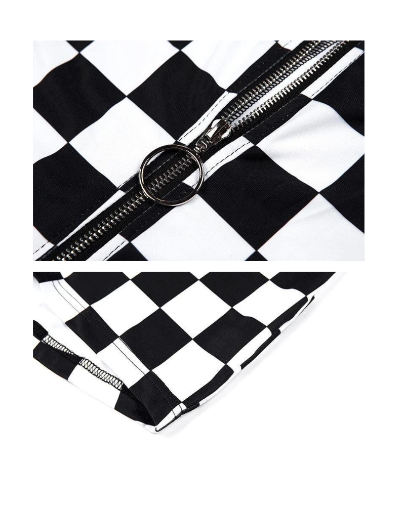 Buckle Belt Checkered Shorts Bodysuit