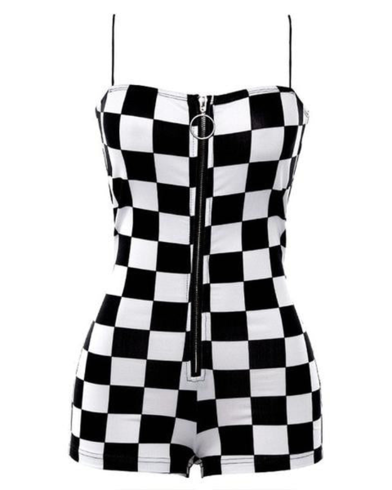 Buckle Belt Checkered Shorts Bodysuit