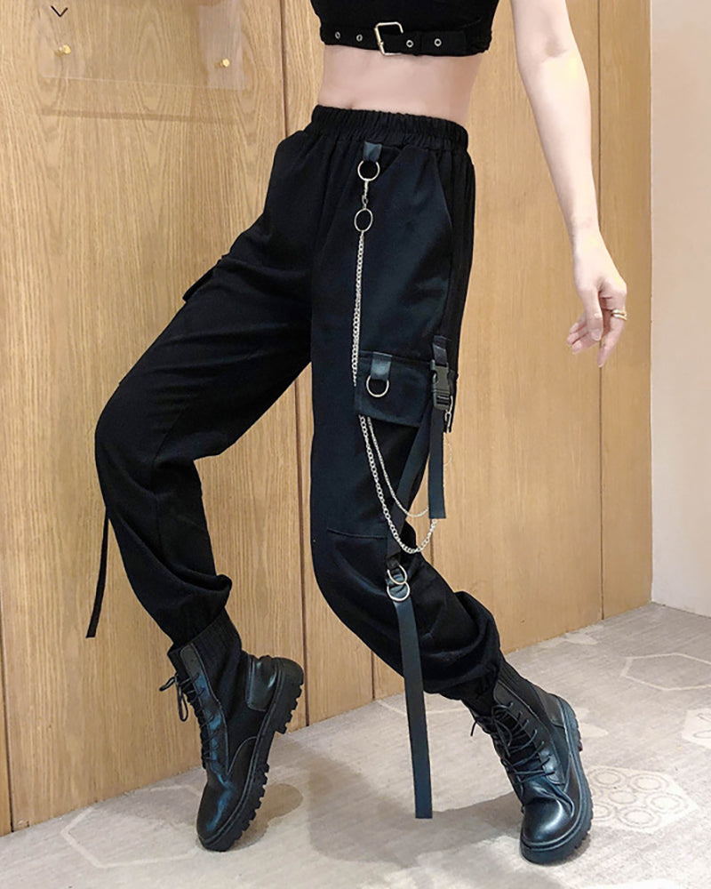 Cool Women Black Chain Cargo Pants