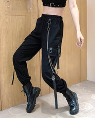 Cool Women Black Chain Cargo Pants