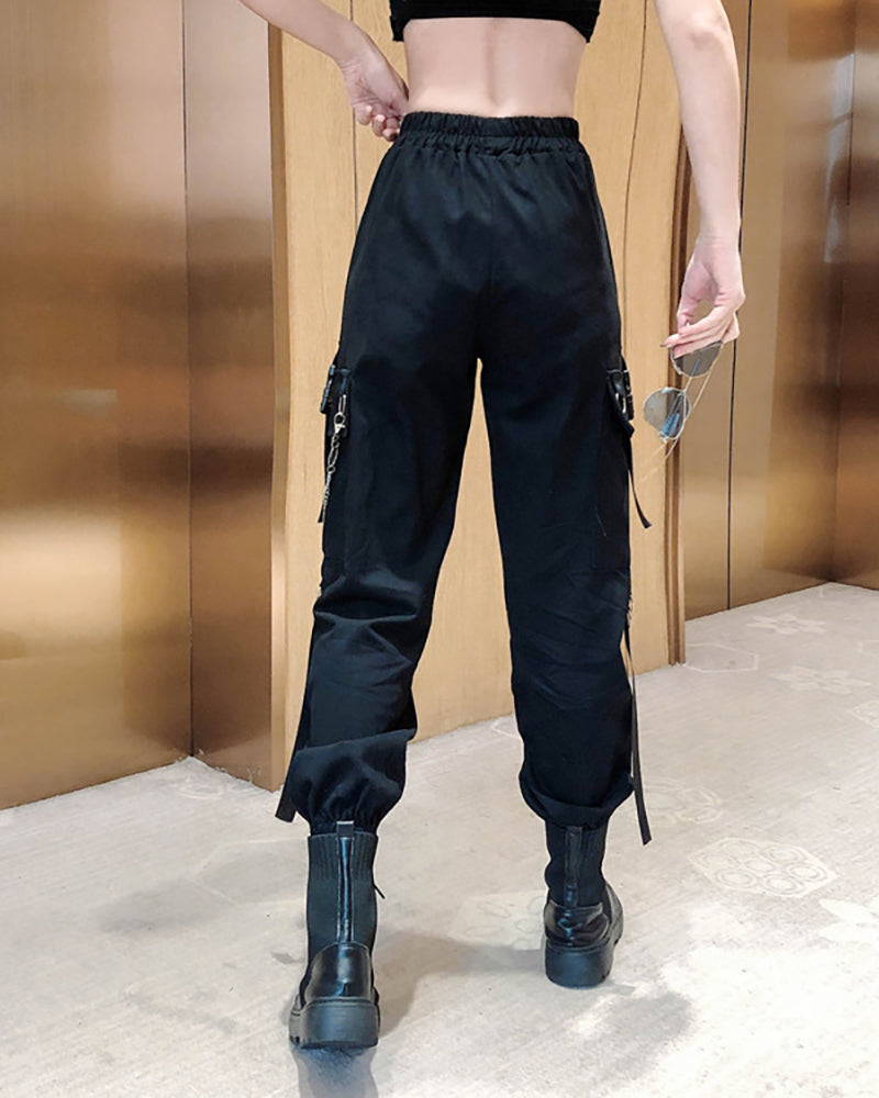 Cool Women Black Chain Cargo Pants