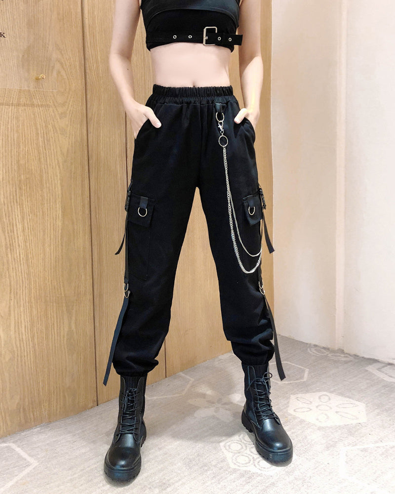 Cool Women Black Chain Cargo Pants
