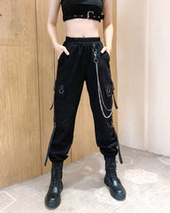 Cool Women Black Chain Cargo Pants