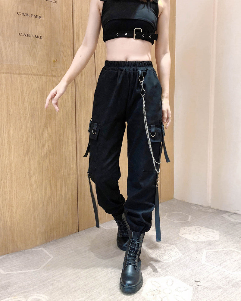 Cool Women Black Chain Cargo Pants