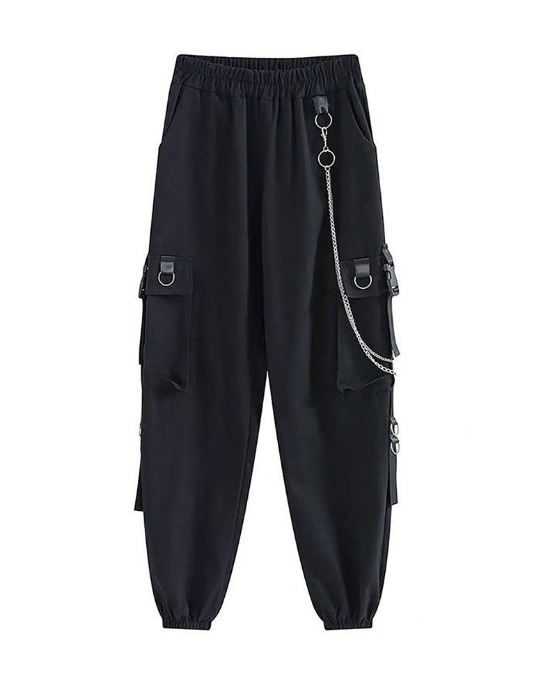 Cool Women Black Chain Cargo Pants