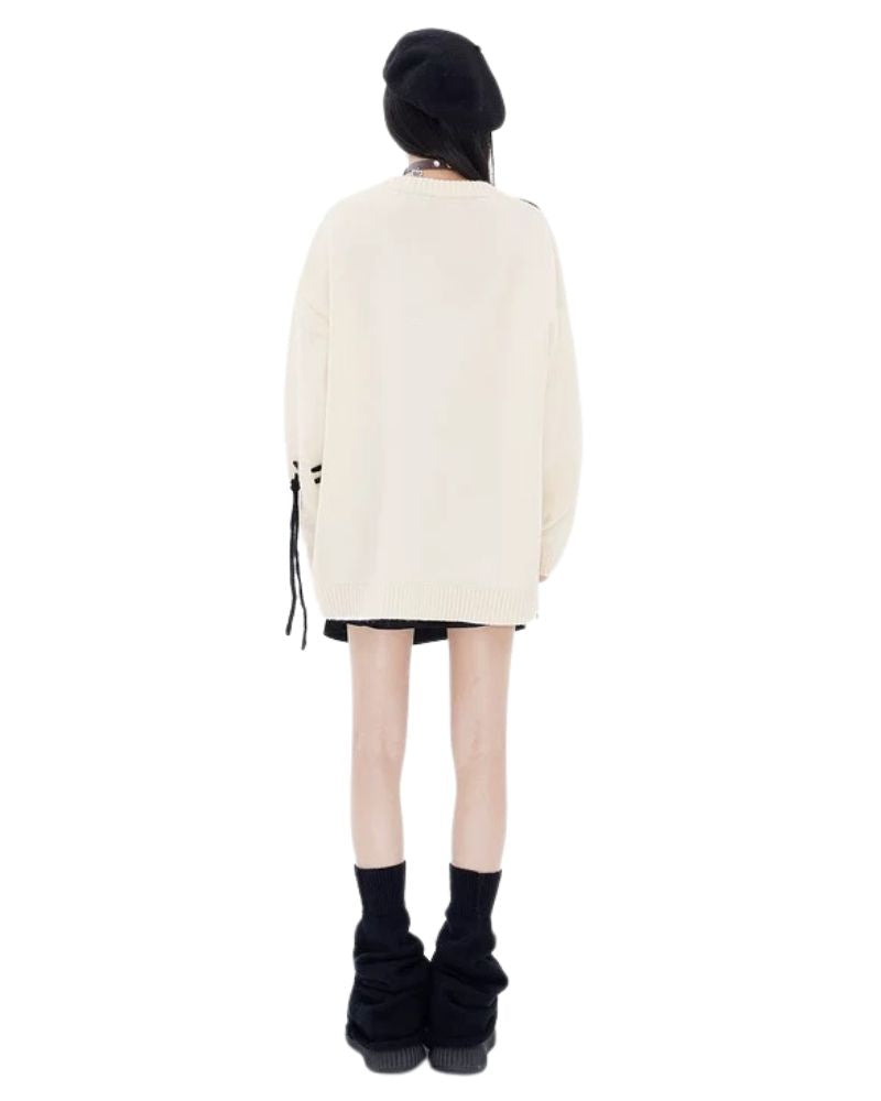 Color Block Drawstring Round Neck Lover Sweater