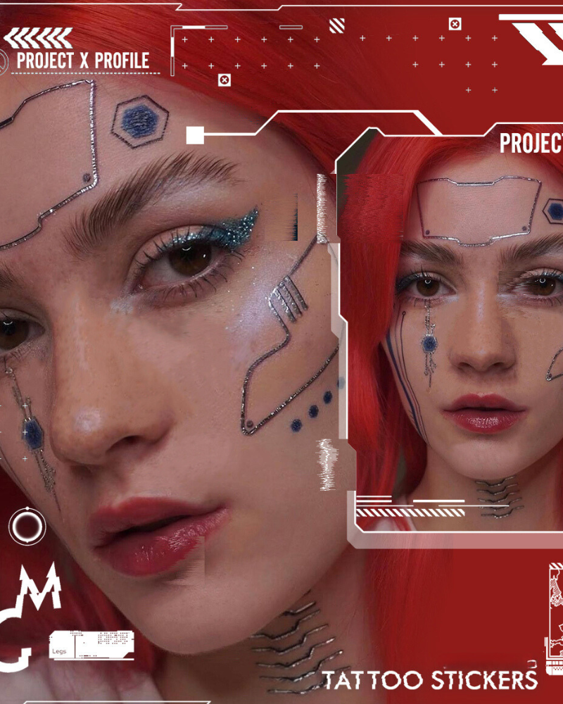 Mech Silver Facial Cyberpunk Tattoo