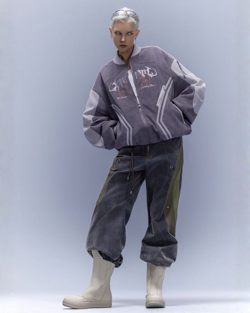 Cyberpunk Outfits Embroidered Suede Cropped Jacket