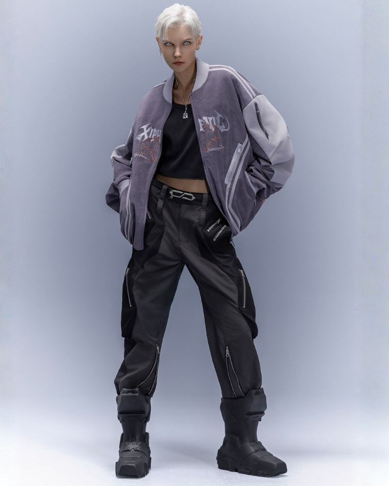 Cyberpunk Outfits Embroidered Suede Cropped Jacket