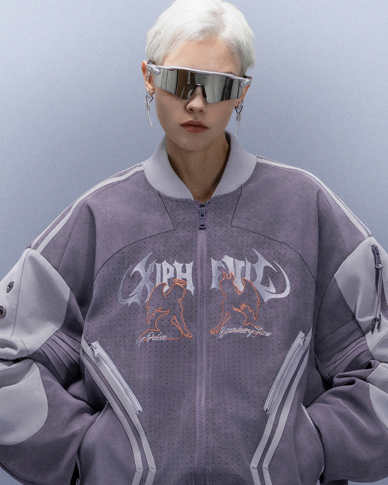 Cyberpunk Outfits Embroidered Suede Cropped Jacket