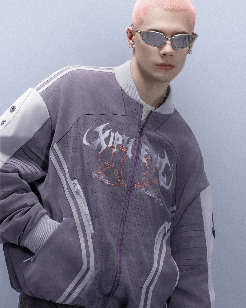 Cyberpunk Outfits Embroidered Suede Cropped Jacket