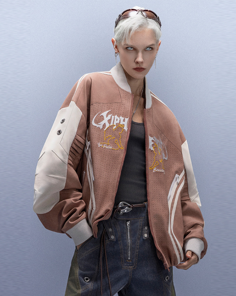 Cyberpunk Outfits Embroidered Suede Cropped Jacket