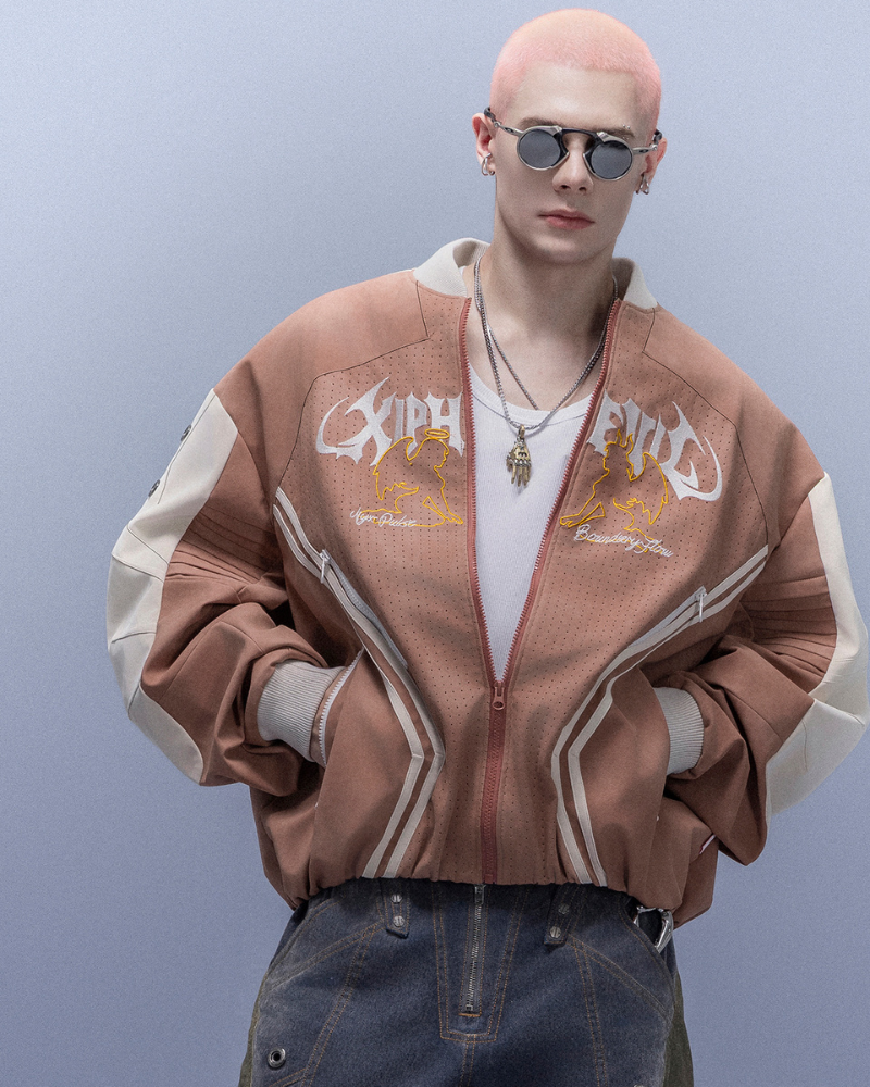 Cyberpunk Outfits Embroidered Suede Cropped Jacket