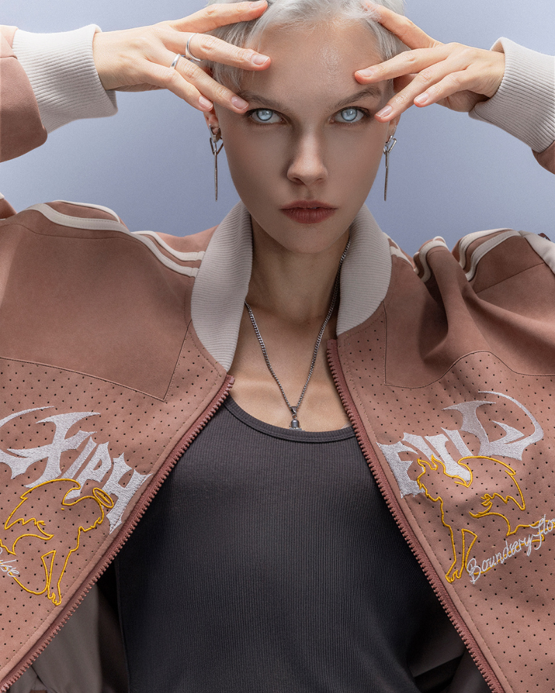 Cyberpunk Outfits Embroidered Suede Cropped Jacket