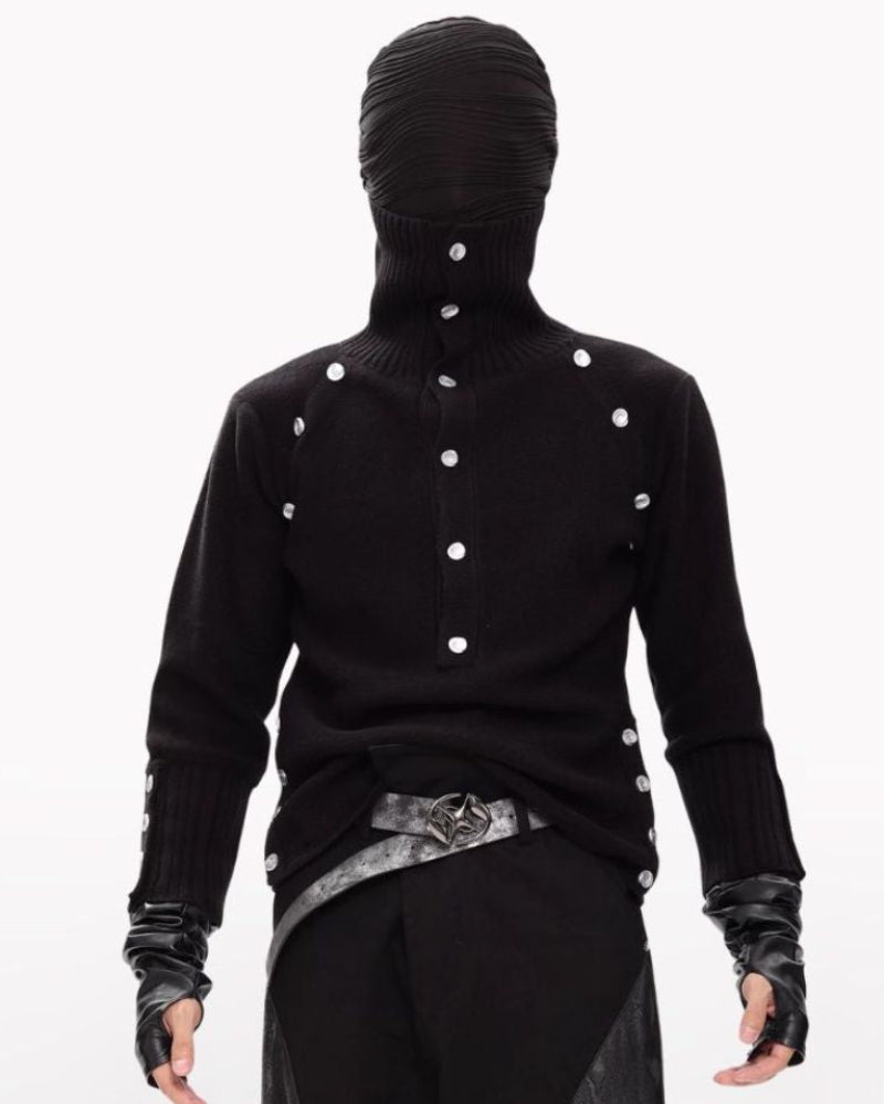 Dark Opium Style Button-Up Turtleneck Knit Sweater