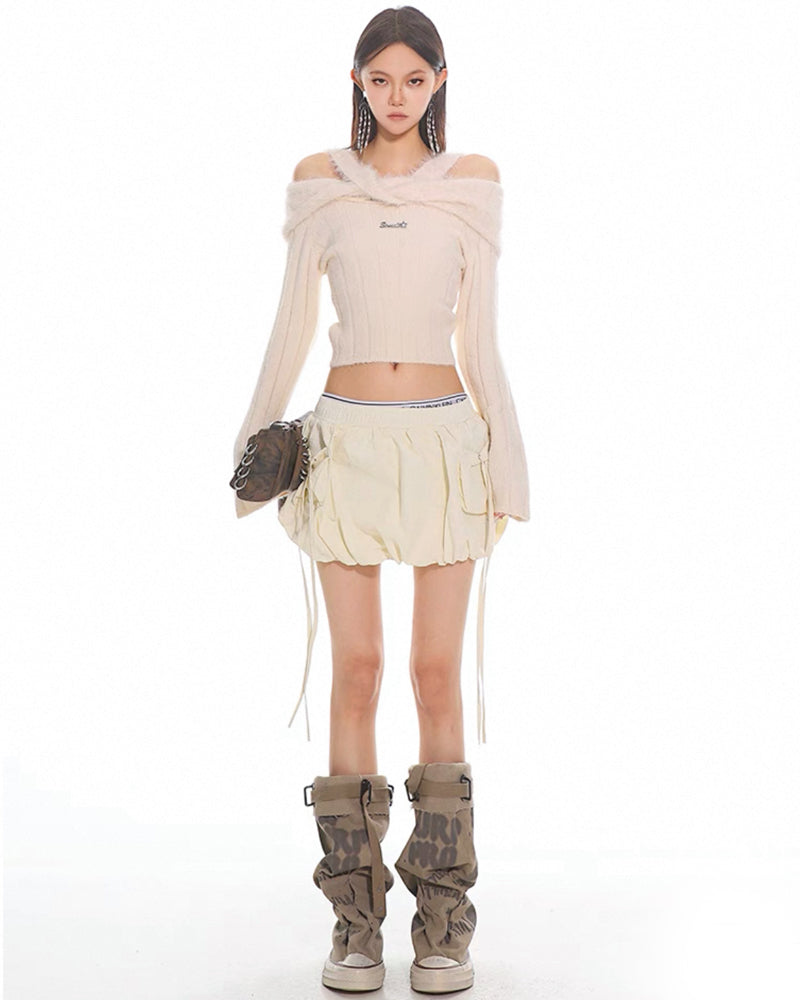 Elastic Drawstring Mini Cargo Bubble Skirt