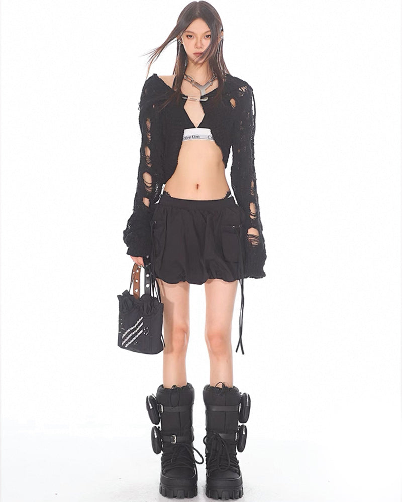 Elastic Drawstring Mini Cargo Bubble Skirt