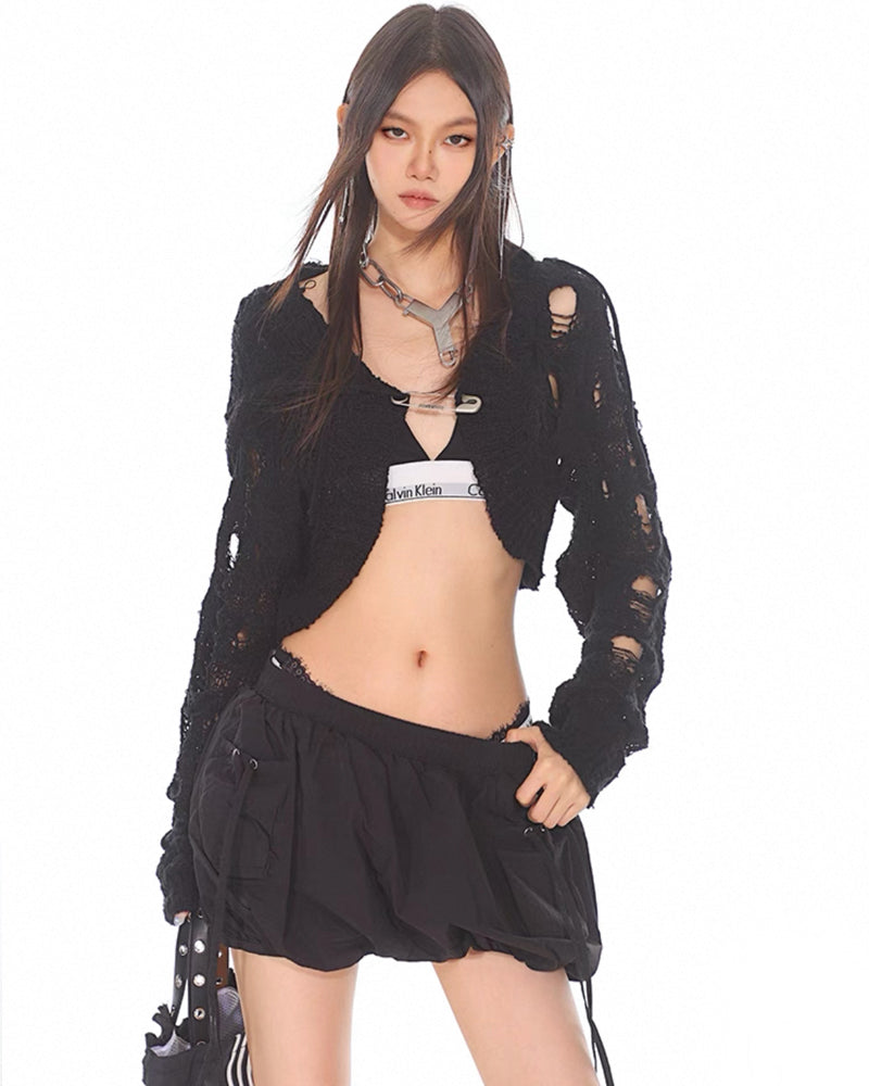 Elastic Drawstring Mini Cargo Bubble Skirt