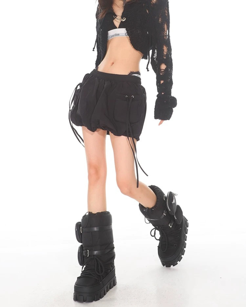 Elastic Drawstring Mini Cargo Bubble Skirt
