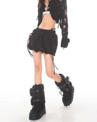 Elastic Drawstring Mini Cargo Bubble Skirt