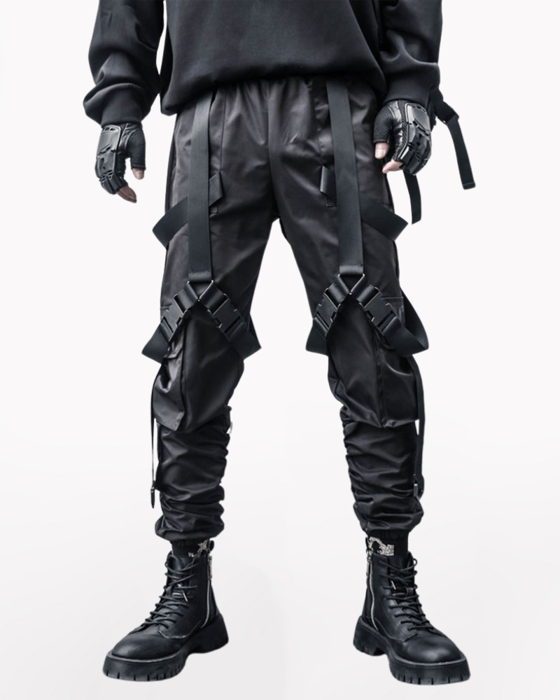 Functional Multi-Ribbon Buckle Black Cargo Pants