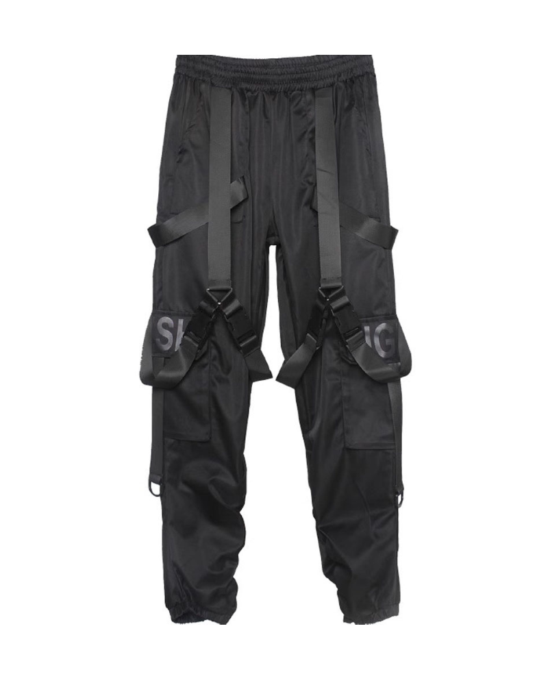 Functional Multi-Ribbon Buckle Black Cargo Pants