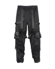 Functional Multi-Ribbon Buckle Black Cargo Pants