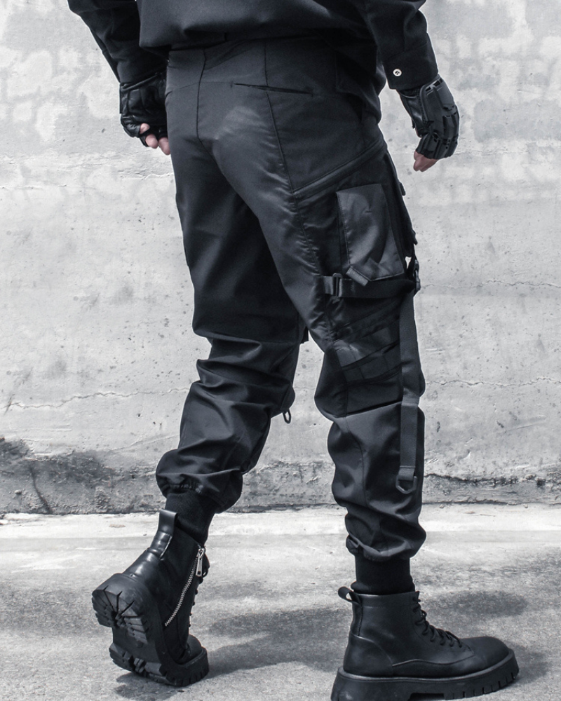Functional Ribbon Belt Paratrooper Black Cargo Pants
