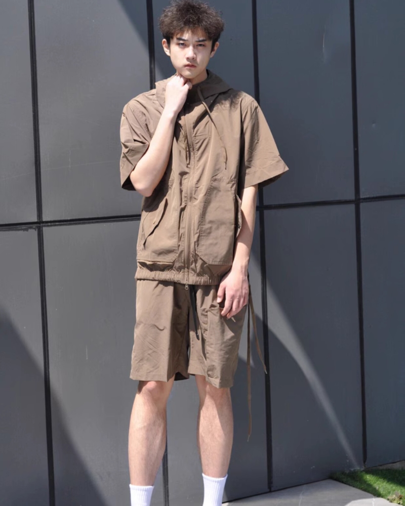 Functional Unisex Cargo Short Sleeve Jacket Shorts Set