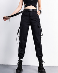 Futuristic Belt Black Women Cargo Pants