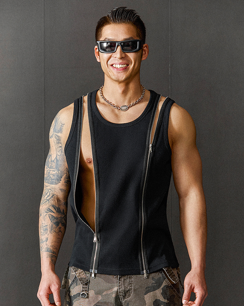 Men's Threaded Double Zipper Sleeveless Muscle Shirt