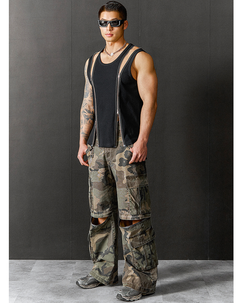 Men's Threaded Double Zipper Sleeveless Muscle Shirt