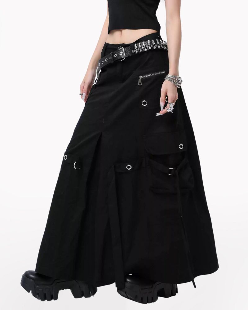 Metal Button Pockets Maxi Cargo Skirt