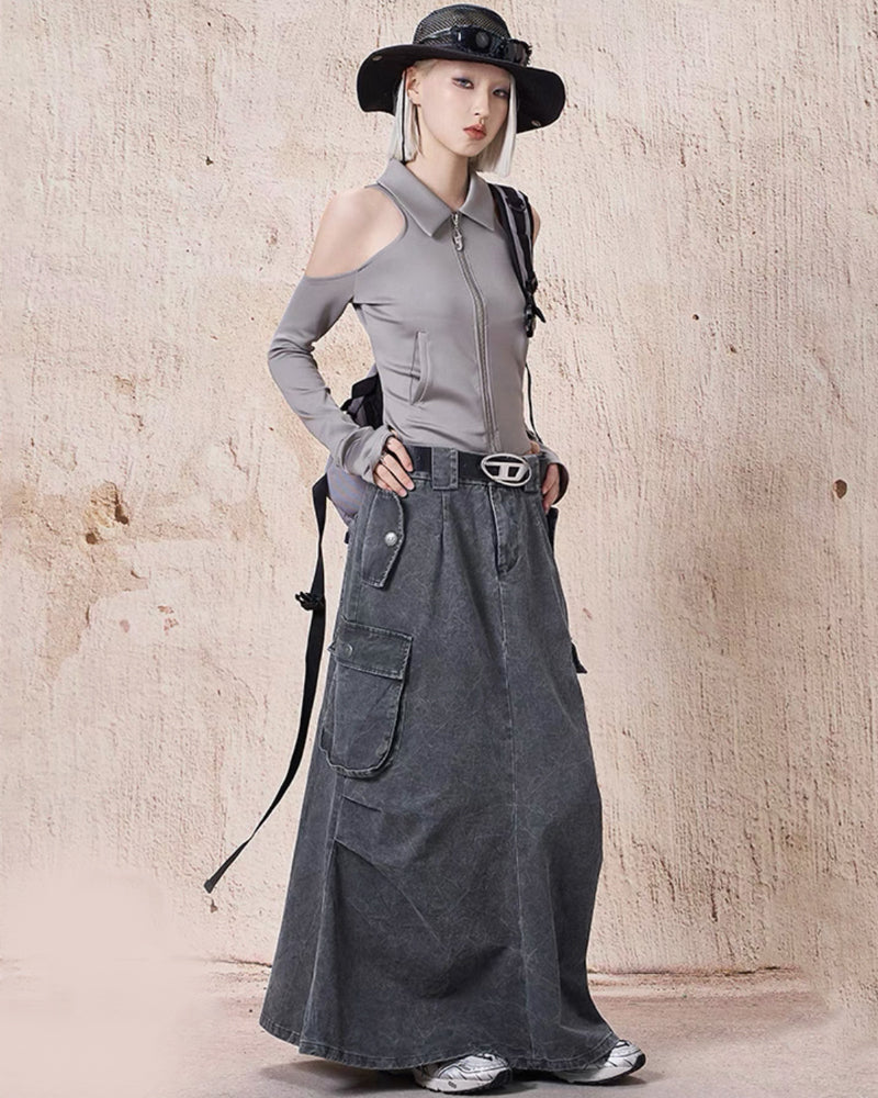 Mid-Length Vintage Denim Cargo Skirt