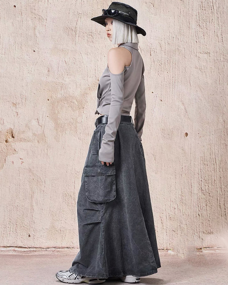 Mid-Length Vintage Denim Cargo Skirt
