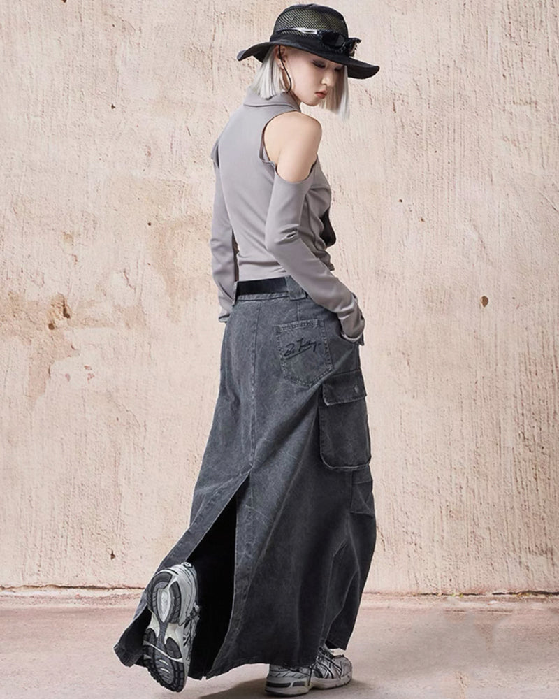Mid-Length Vintage Denim Cargo Skirt
