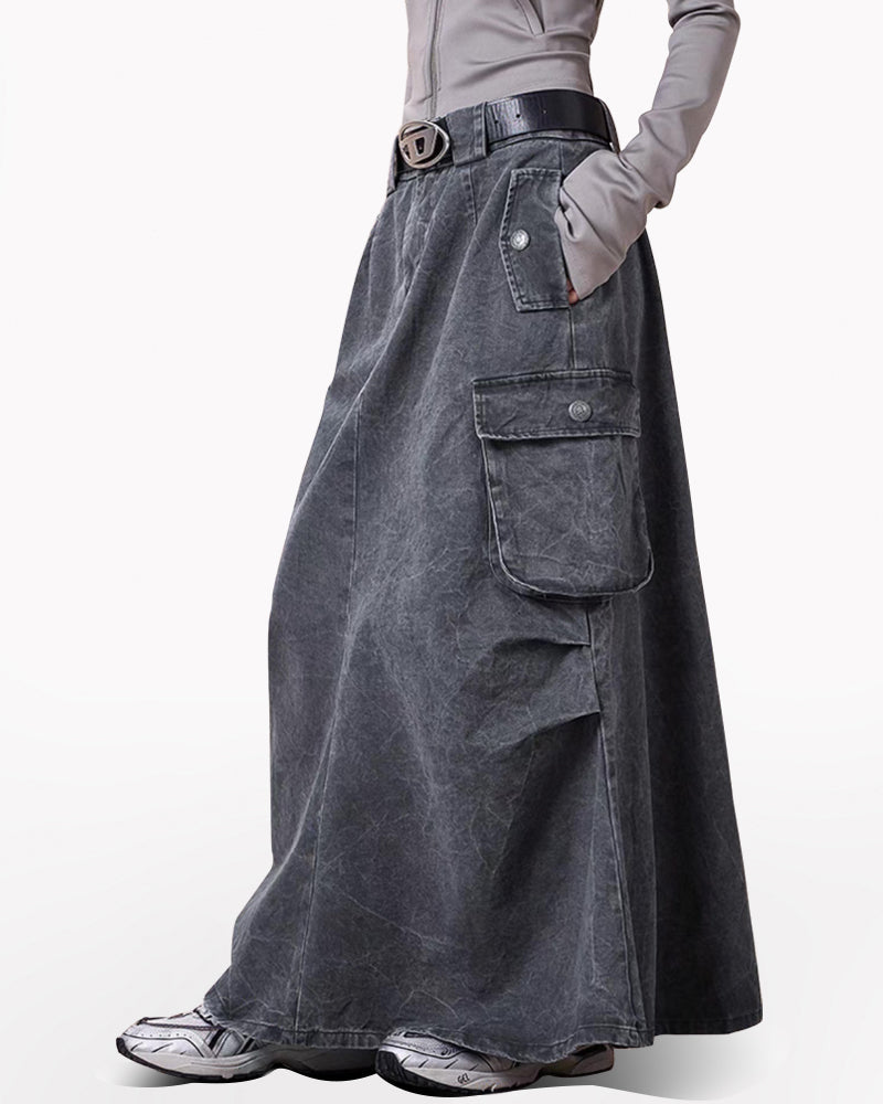 Mid-Length Vintage Denim Cargo Skirt