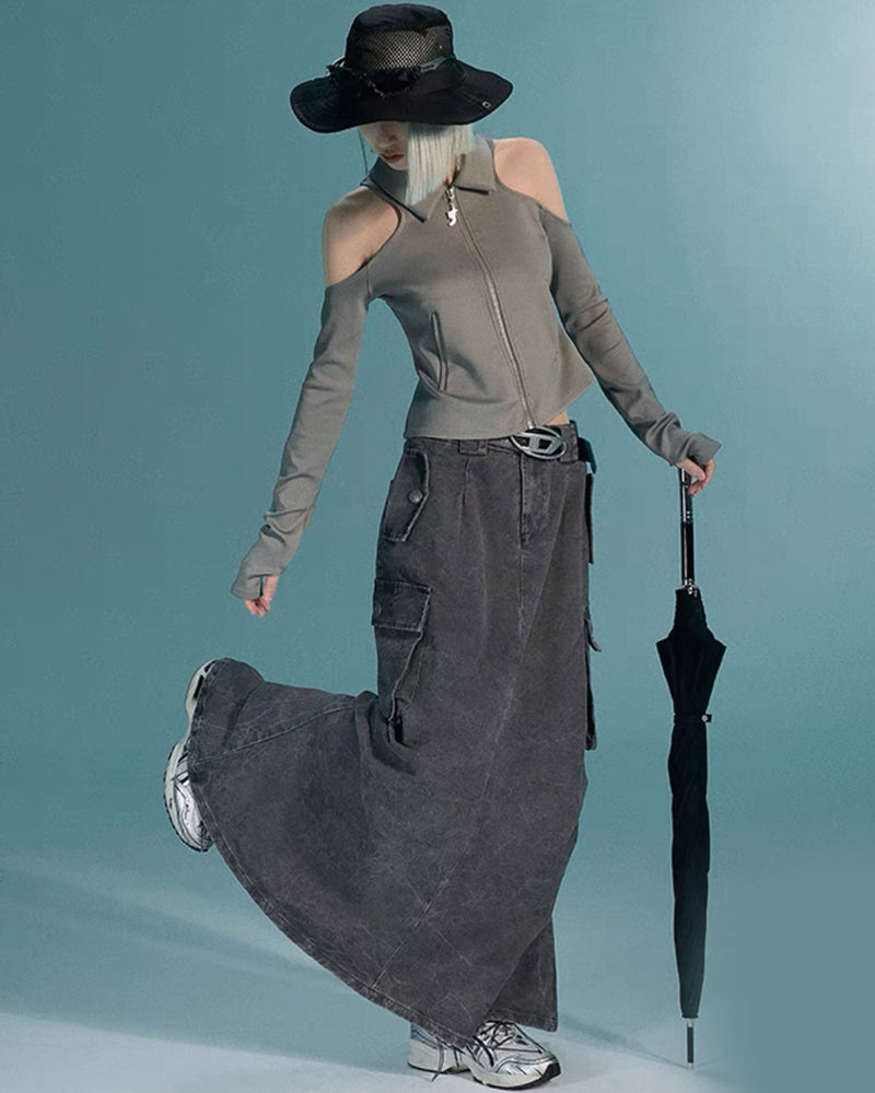 Mid-Length Vintage Denim Cargo Skirt