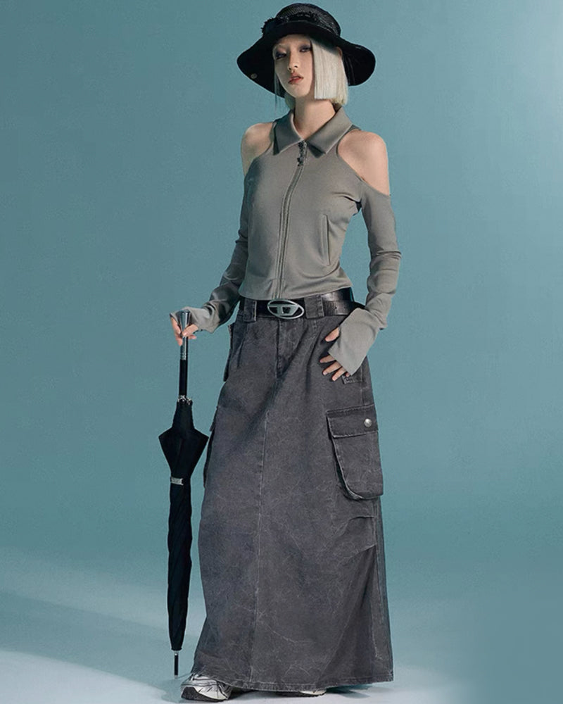 Mid-Length Vintage Denim Cargo Skirt