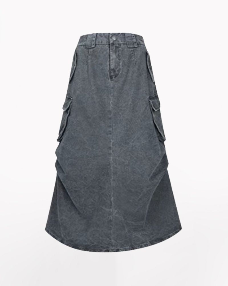 Mid-Length Vintage Denim Cargo Skirt