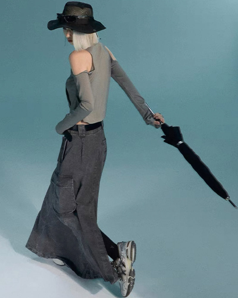 Mid-Length Vintage Denim Cargo Skirt