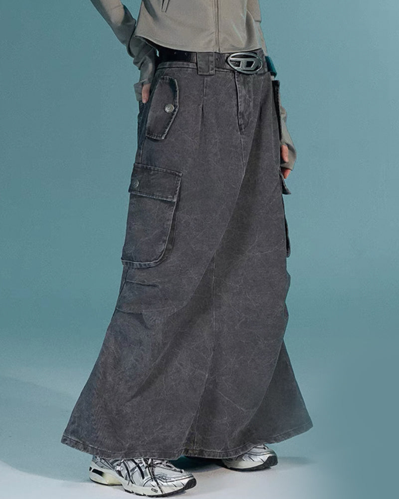 Mid-Length Vintage Denim Cargo Skirt