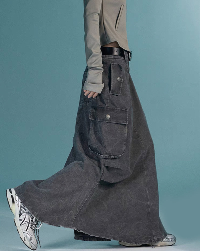 Mid-Length Vintage Denim Cargo Skirt
