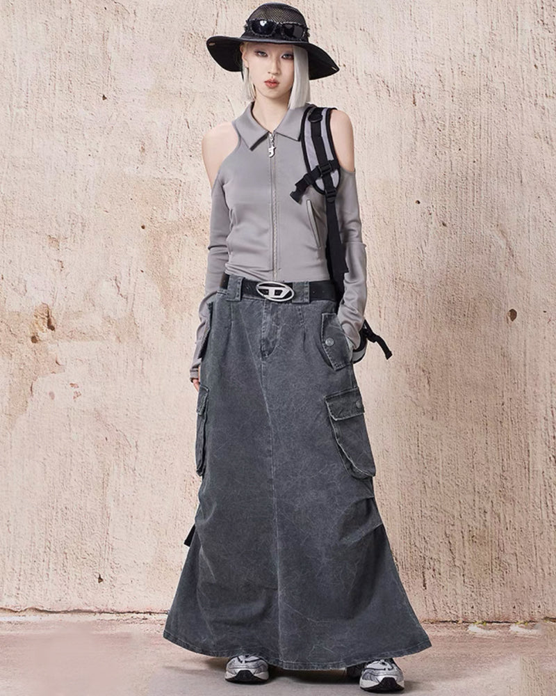 Mid-Length Vintage Denim Cargo Skirt