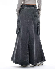 Mid-Length Vintage Denim Cargo Skirt