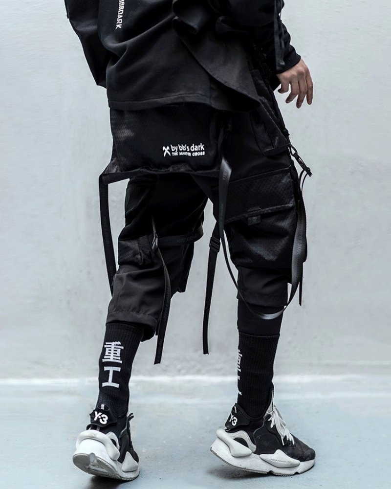 Ninja Black Multi-Pocket Ribbon Cargo Pants