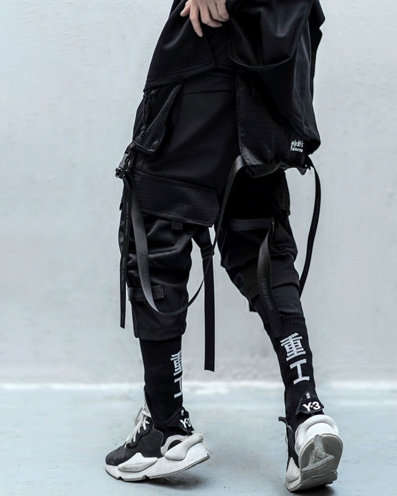 Ninja Black Multi-Pocket Ribbon Cargo Pants