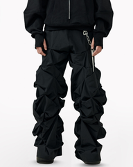 Opium Style 3D Sculpted Pleated Black Wide-Leg Pants